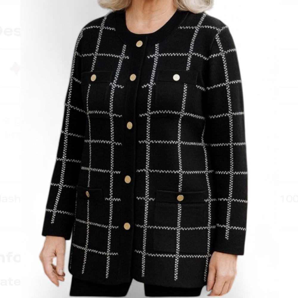 NWOT Anne Klein Black & White Checkered Long Sleeve Cardigan Size s